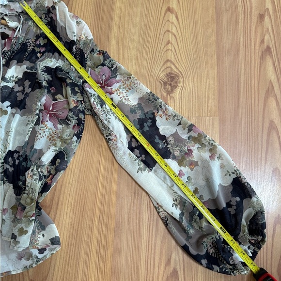 Mango MNG Blouse Floral Botanical Nature Chiffon Y2K Boho Retro Women's XS Sheer - Picture 9 of 10